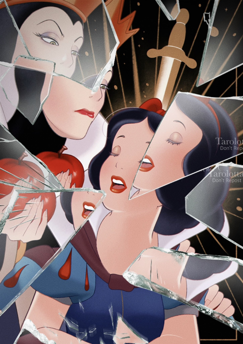 2girls, apple, black_hair, bow, cape, crown, dress, food