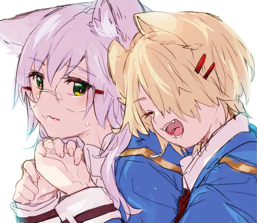 2girls, blonde_hair, blue_jacket, dometan0_0, glasses, green_eyes, grey_hair, hair_ornament, hair_over_one_eye, hair_over_shoulder, hairclip, heaven_burns_red, highres, izumi_yuki_(heaven_burns_red), jacket, kayamori_ruka, long_hair, low-tied_long_hair, multiple_girls, one_eye_covered, round_eyewear, shirt, short_hair, white_background, white_shirt, yuri