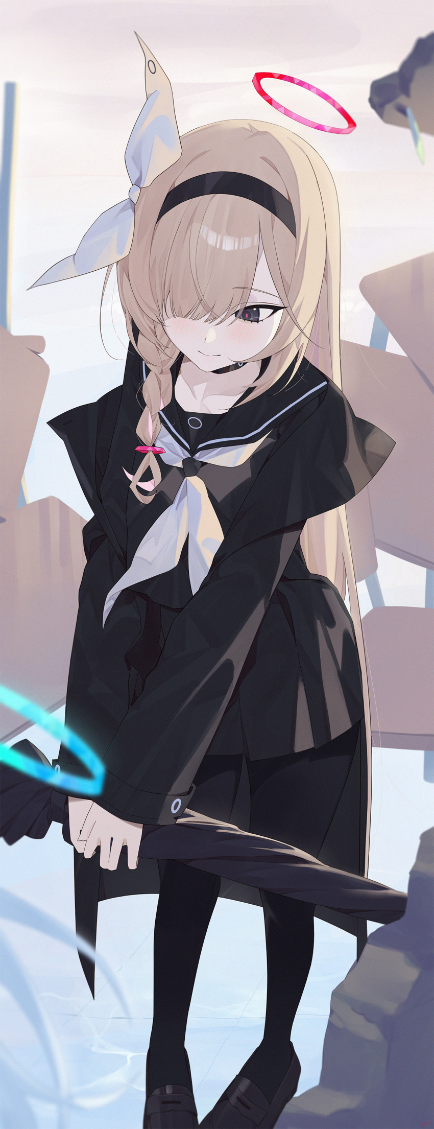 2girls, absurdres, arona_(blue_archive), black_coat, black_eyes, black_hairband, black_pantyhose, black_sailor_collar