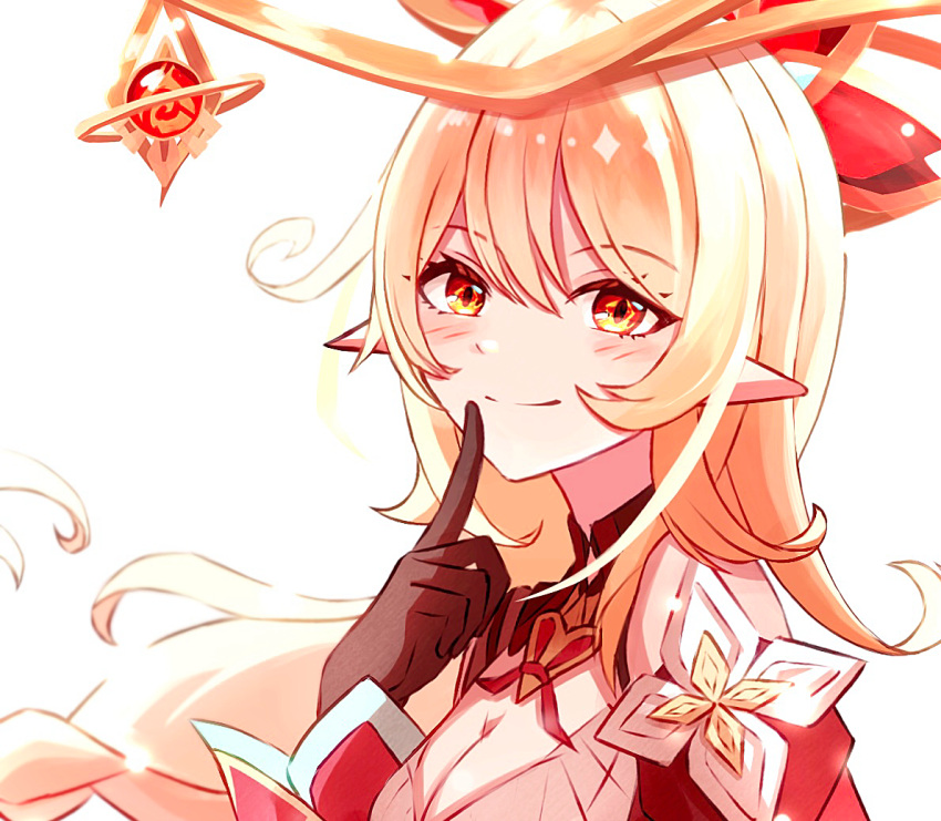 1girl, alice_(genshin_impact), black_gloves, blonde_hair, finger_to_mouth, genshin_impact, gloves, headgear
