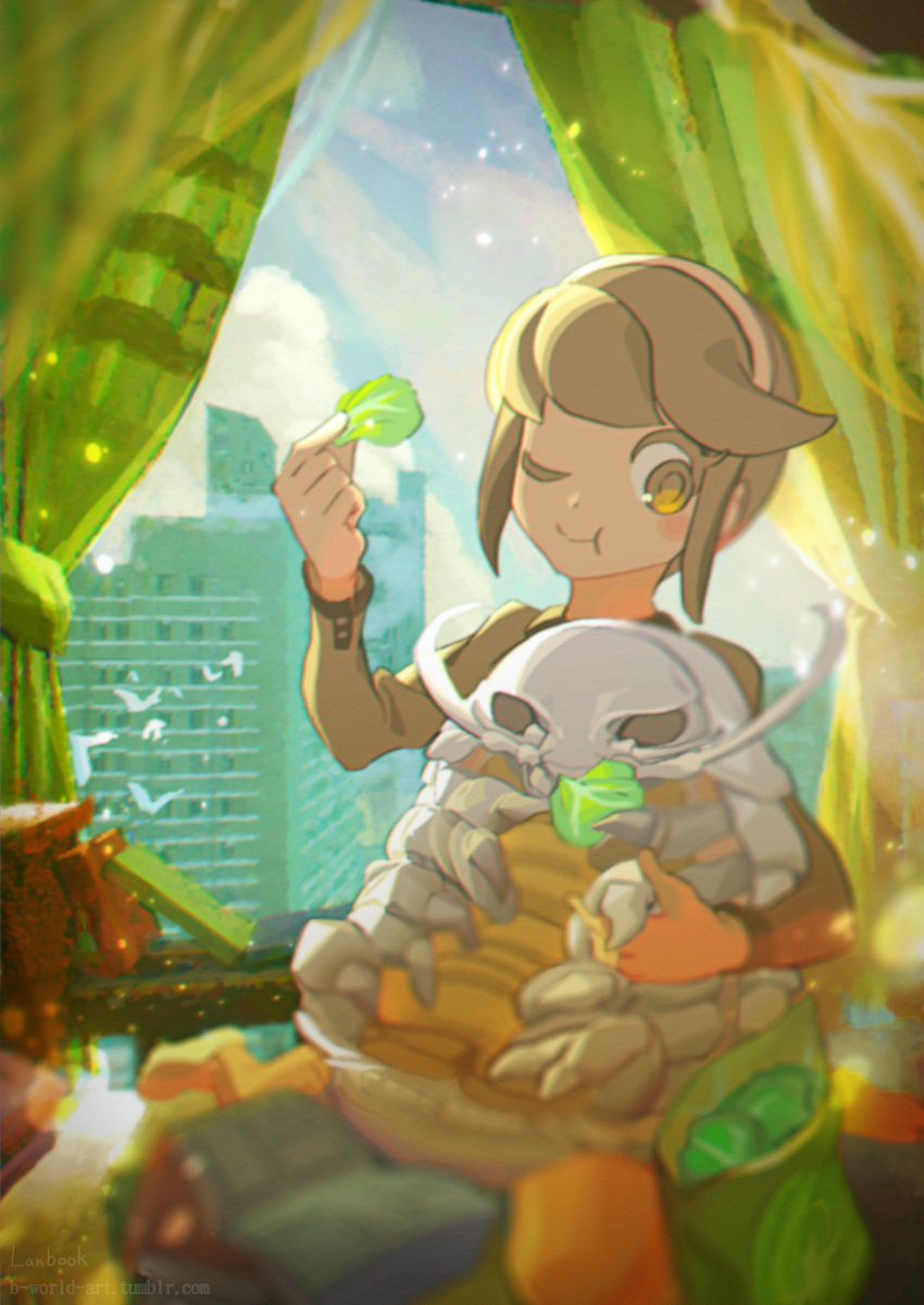 1girl, absurdres, artist_name, blurry, blush, brown_eyes, brown_hair, brown_shirt