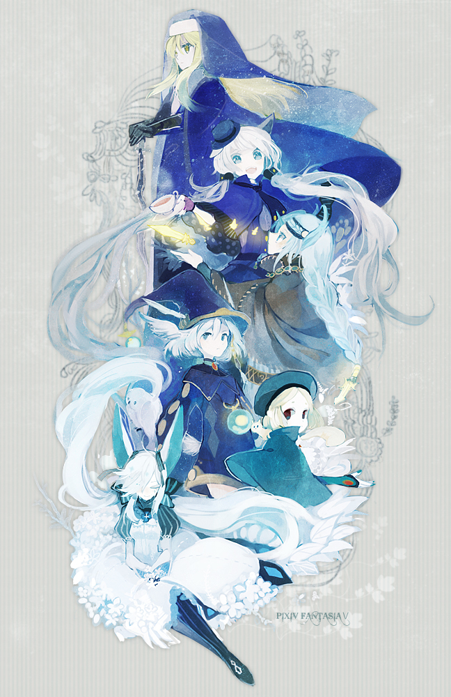 blonde_hair, blue_dress, blue_eyes, braid, cape, cat, ceres_(pixiv_fantasia), closed_eyes