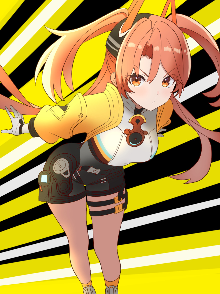 1girl, eos_(trigger_of_fate_the_novita), fate_trigger:_the_novita, frown, highres, long_hair, looking_at_viewer, orange_eyes, orange_hair, pink_hair, red_hair, shibito_(shibito0000), solo, standing, thigh_strap, twintails, two_side_up