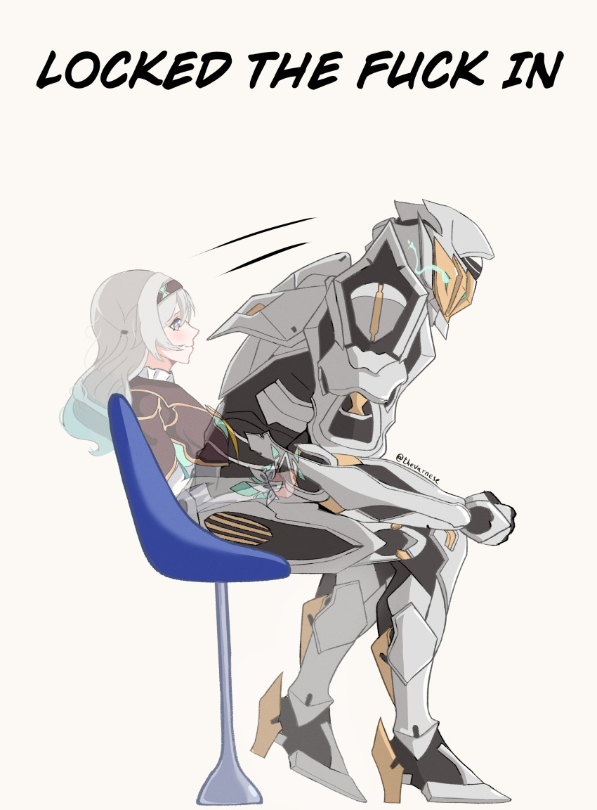 1girl, absurdres, armor, brown_hairband, brown_jacket, chair, english_text, firefly_(honkai:_star_rail)