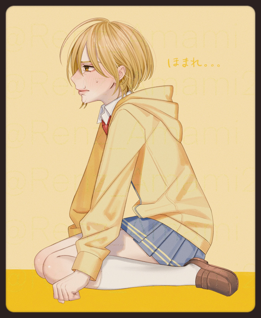 1girl, ahoge, bare_legs, blonde_hair, blush, crying, highres, hood