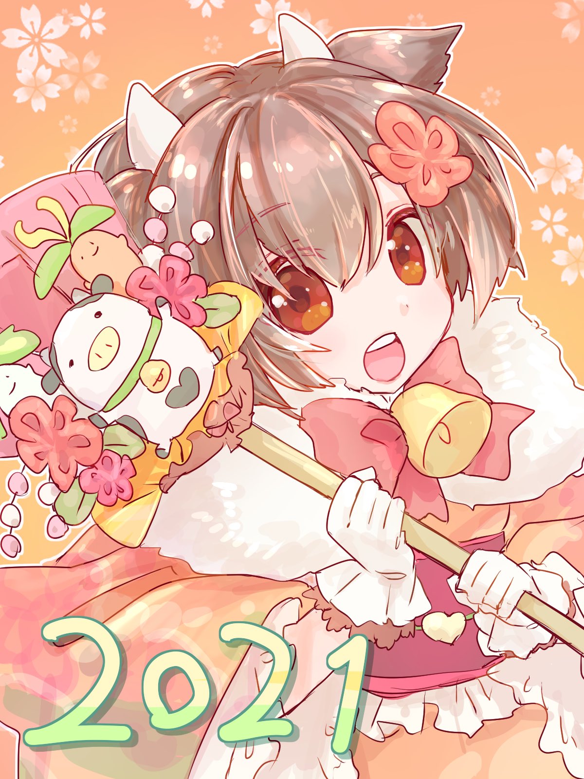 1girl, 2021, bell, brown_hair, cow_girl, cow_horns, emil_chronicle_online, furisode, hagoita, hair_ornament, happy_new_year, highres, holding, holding_paddle, horns, japanese_clothes, kimono, momo_alma, neck_bell, neck_ribbon, open_mouth, orange_background, paddle, red_eyes, red_ribbon, ribbon, two_side_up, upper_body, yusa_yuyu