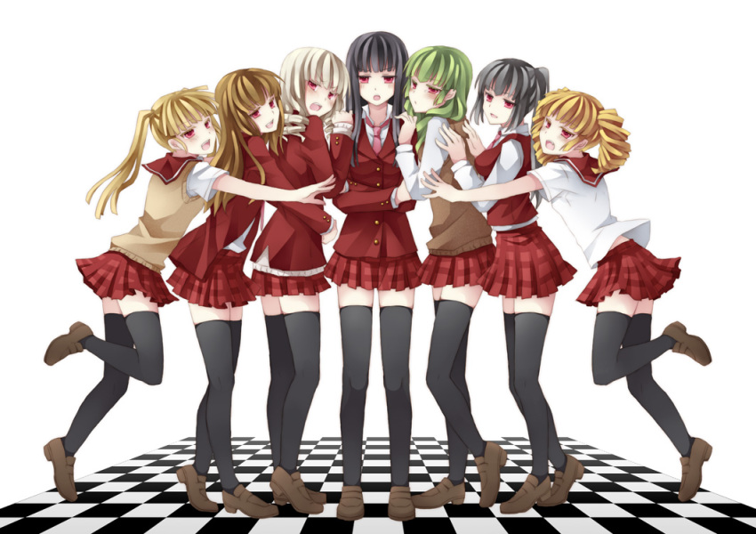 asmodeus, beelzebub, belphegor, black_hair, black_legwear, blonde_hair, contemporary, green_hair, hug, kotoko_(artist), kotoko_(oxxxo), legs, leviathan, leviathan_(umineko), lucifer, mammon, satan, school_uniform, seifuku, stakes_of_purgatory, thigh-highs, thighhighs, umineko_no_naku_koro_ni