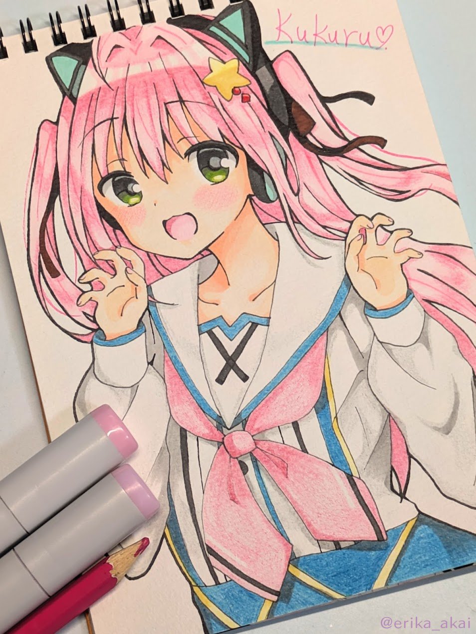 1girl, :d, animal_ear_headphones, animal_ears, art_tools_in_frame, black_ribbon, blush, cat_ear_headphones