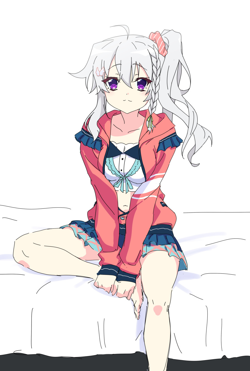 1girl, 9-nine-, absurdres, ahoge, barefoot, blue_skirt, braid, breasts
