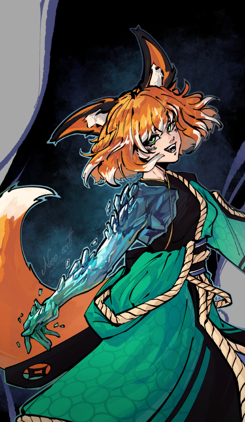 animal_ears, crystal_arm, fox_ears, fox_girl, fox_tail, green_eyes, green_kimono, head_tilt