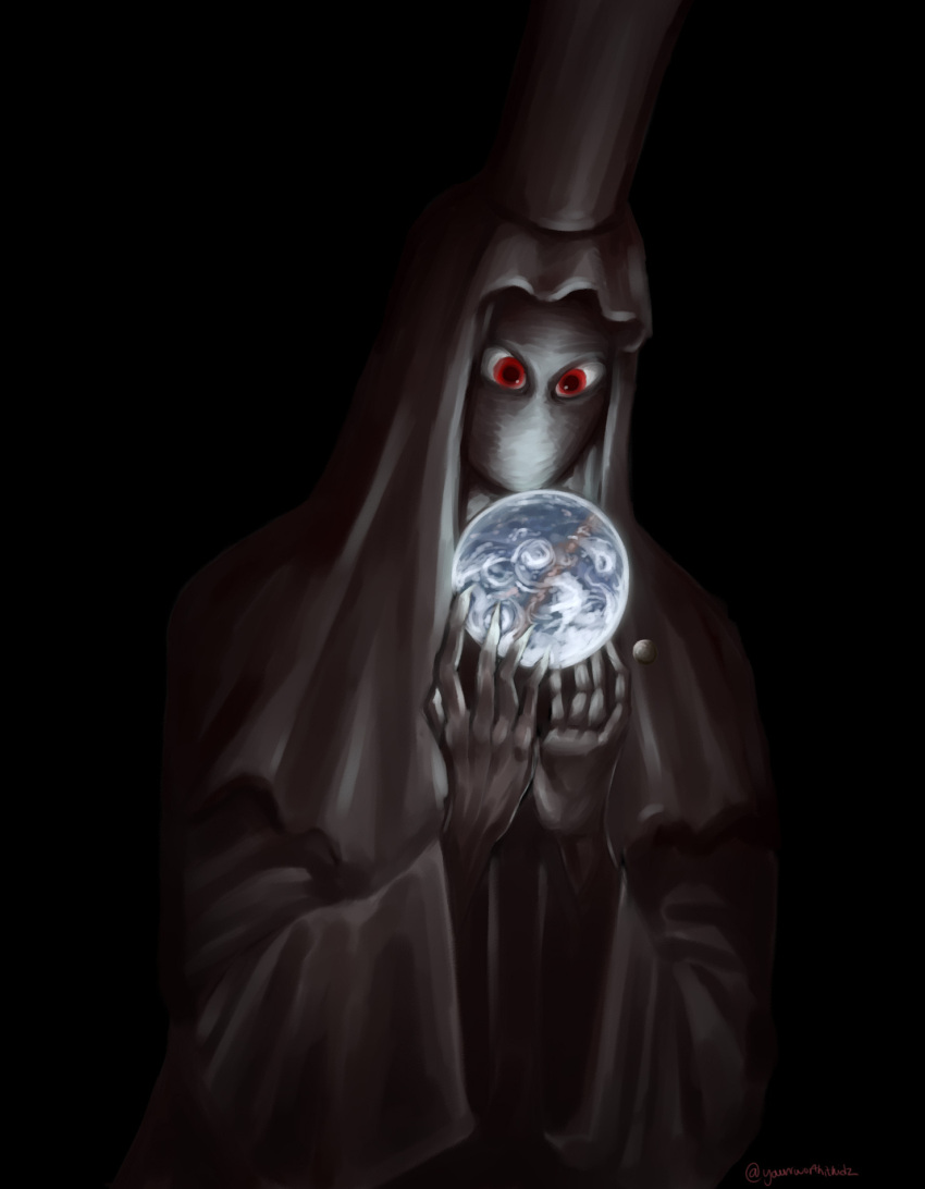 1other, @_(symbol), artist_name, black_background, black_robe, cloak, commentary, crown