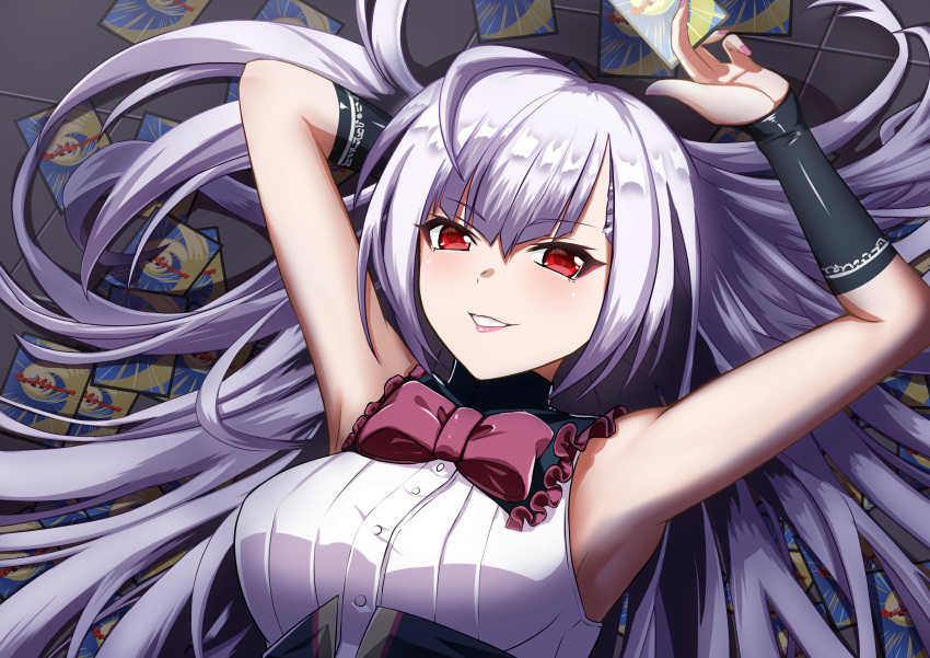 1girl, absurdres, armpits, arms_up, bare_shoulders, bow, bowtie, breasts