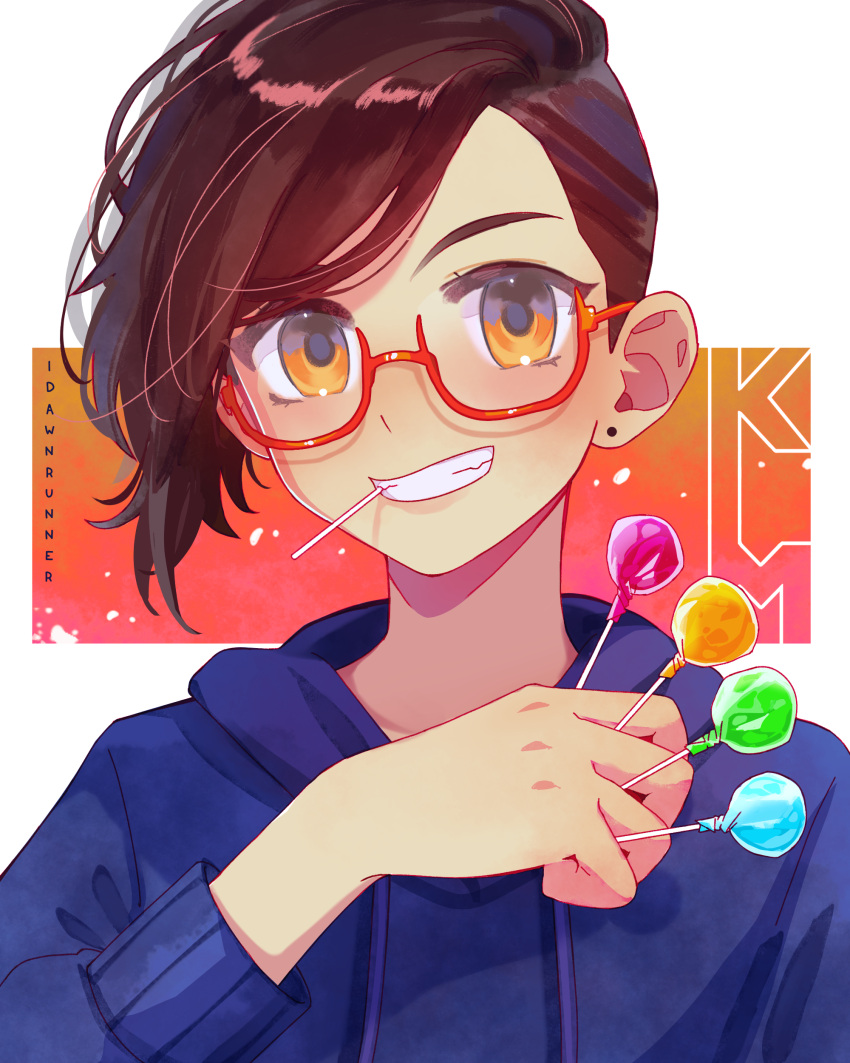 1girl, :d, absurdres, artist_name, asymmetrical_hair, between_fingers, blue_hoodie, brown_hair