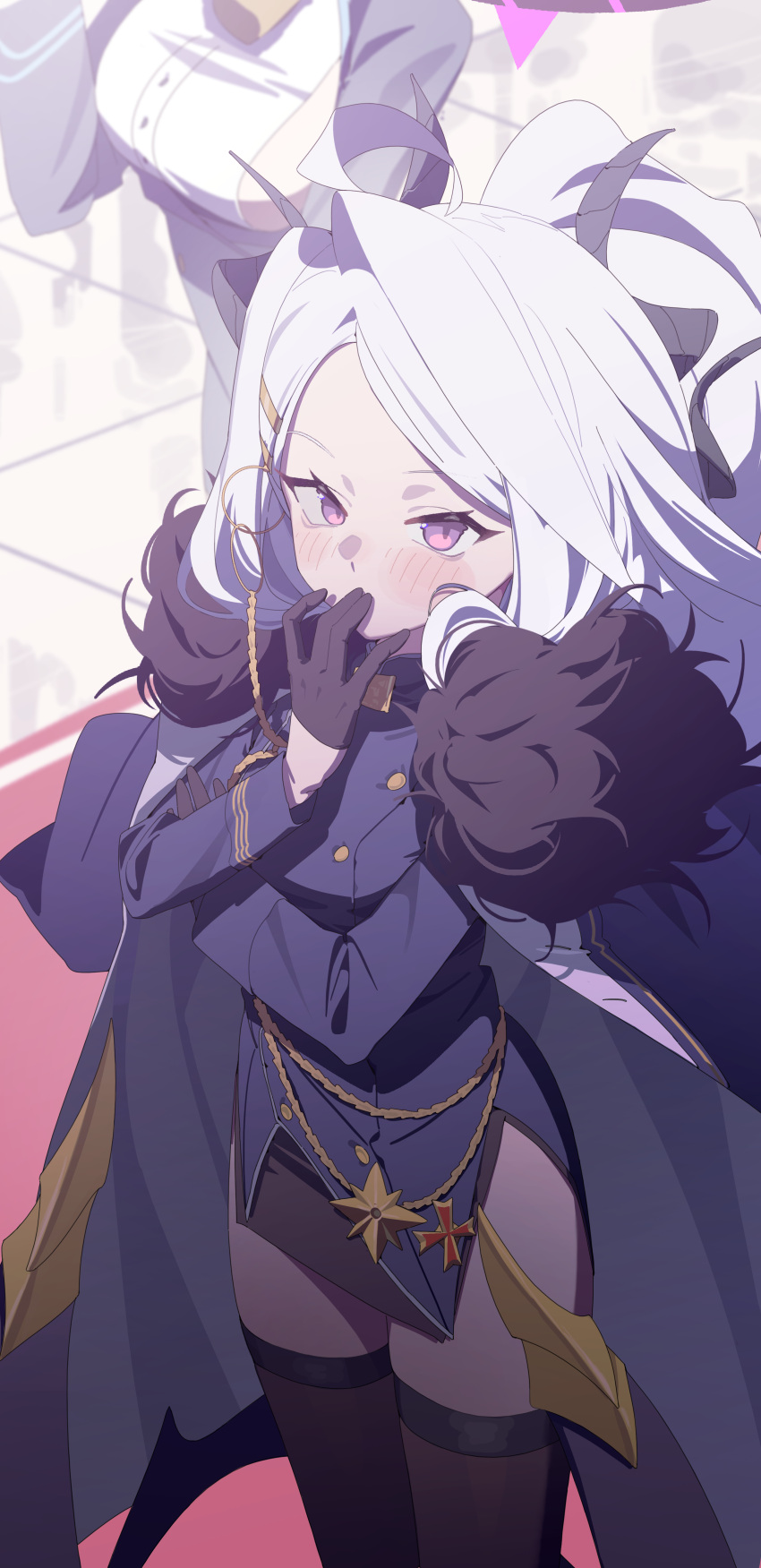 2girls, absurdres, ako_(blue_archive), black_horns, blue_archive, blush, coat, coat_on_shoulders
