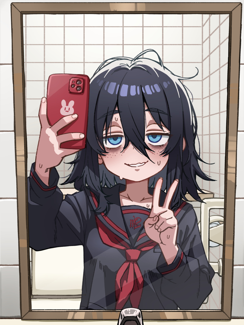 1girl, absurdres, bags_under_eyes, black_hair, black_serafuku, blue_eyes, freckles, hair_between_eyes, half-closed_eyes, highres, jimiko, kuroiwa_ruiko, kuroiwa_ruiko_(character), looking_at_viewer, medium_hair, messy_hair, mirror, mojyo, neckerchief, original, public_restroom, red_neckerchief, reflection, reflection_focus, school_uniform, selfie, serafuku, smile, solo, sweat, tile_wall, tiles, v