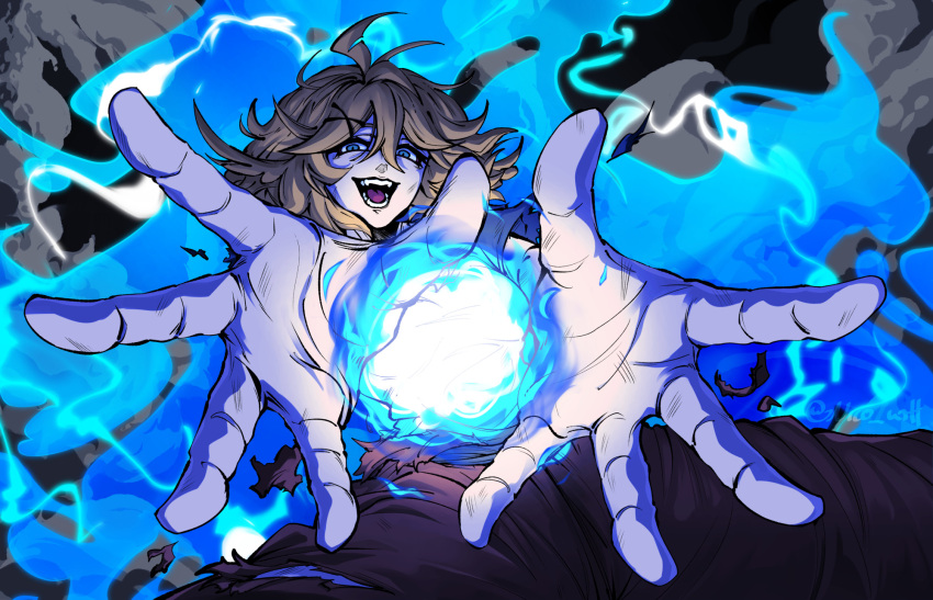 blonde_hair, blue_hair, crazy_eyes, dokibird, highres, indie_virtual_youtuber, kamehameha_(dragon_ball), nico_artt