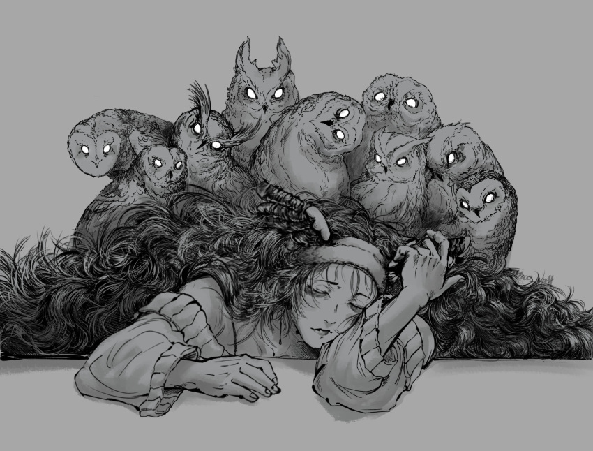 bird, curly_hair, greyscale, hairband, head_on_arm, highres, indie_virtual_youtuber, long_hair