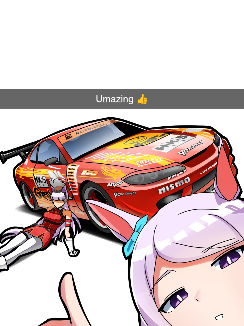 2girls, animal_ears, breasts, car, dress, gold_ship_(umamusume), grey_hair, hat, highres, hks, horse_ears, horse_girl, horse_tail, long_hair, looking_at_viewer, mejiro_mcqueen_(umamusume), motor_vehicle, multiple_girls, nissan, nissan_silvia, nissan_silvia_s15, open_mouth, purple_hair, race_vehicle, racecar, rally_car, shirt, simple_background, sleeveless, sponsor, tail, thumbs_up, toyeeta_prius, umamusume, violet_eyes, white_background