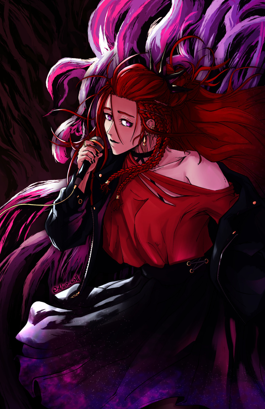 braid, copyright_request, hairband, half_updo, highres, holding, holding_microphone, jacket