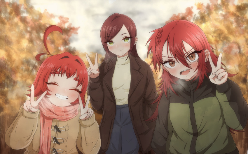 3girls, :d, absurdres, antenna_hair, autumn_leaves, blush, breath, brown_coat