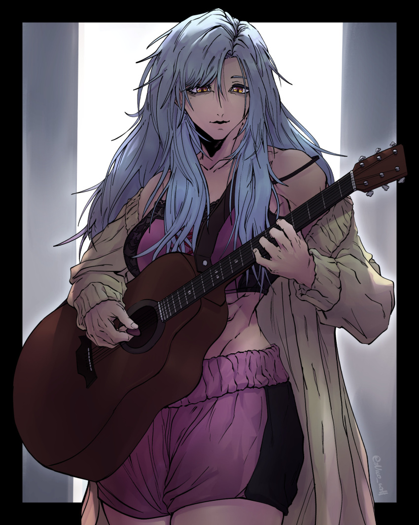 abs, copyright_request, grey_hair, guitar, highres, instrument, long_hair, music