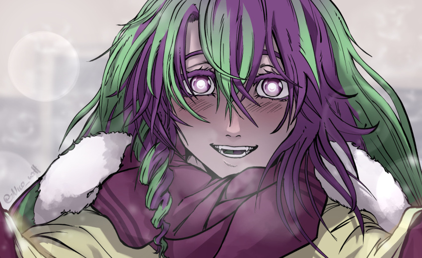 blush, crazy_eyes, cupcake_conjuror, fangs, green_hair, highres, indie_virtual_youtuber, multicolored_hair
