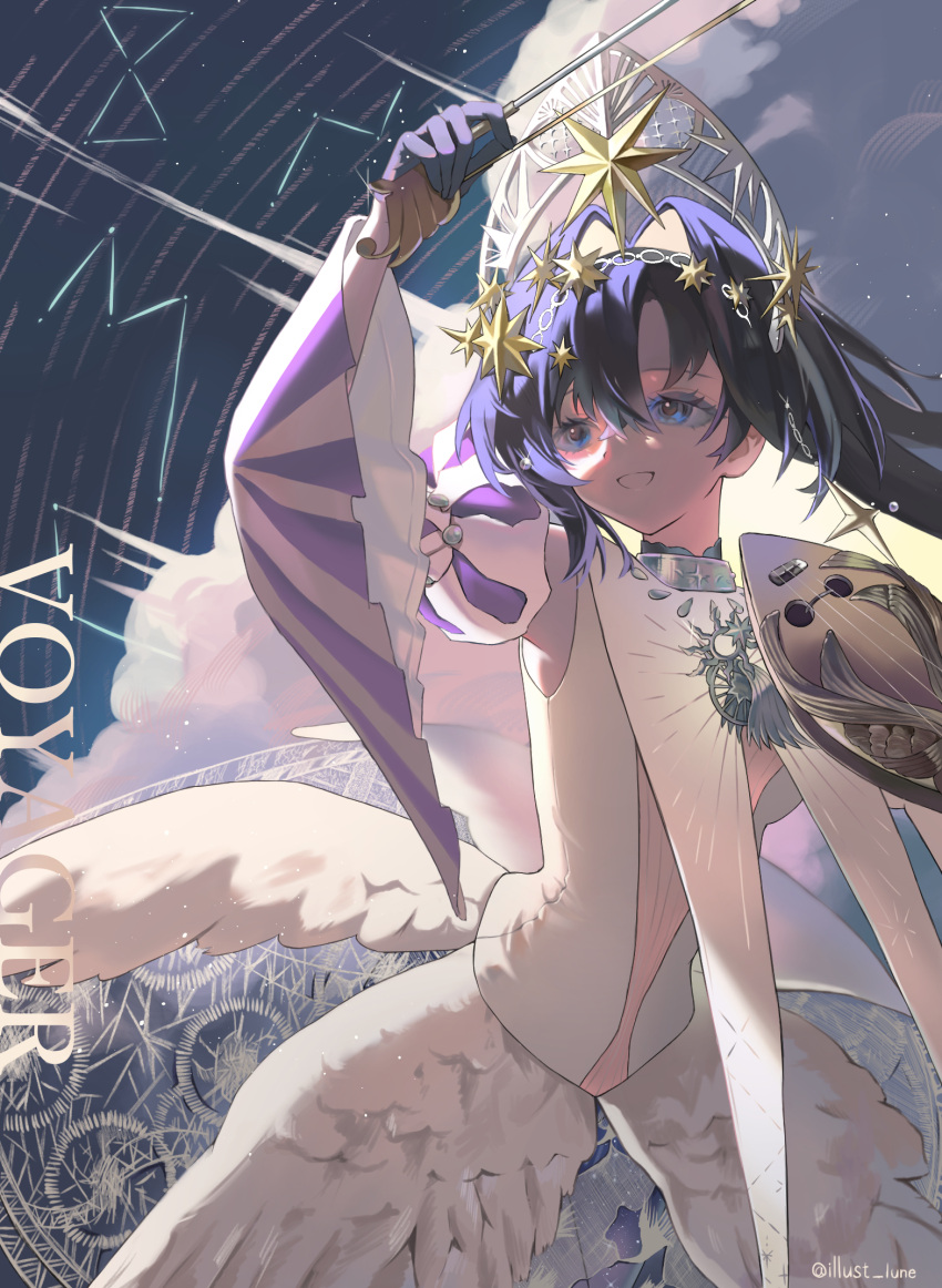 1girl, arm_up, black_gloves, blonde_hair, blue_eyes, blue_hair, blue_sky, bow_(music)