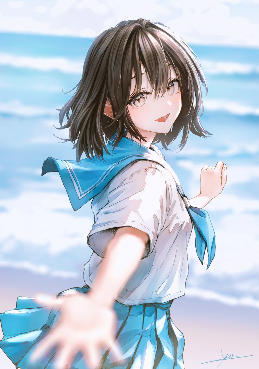 1girl, absurdres, beach, black_hair, black_neckerchief, blue_sailor_collar, blue_skirt, blurry