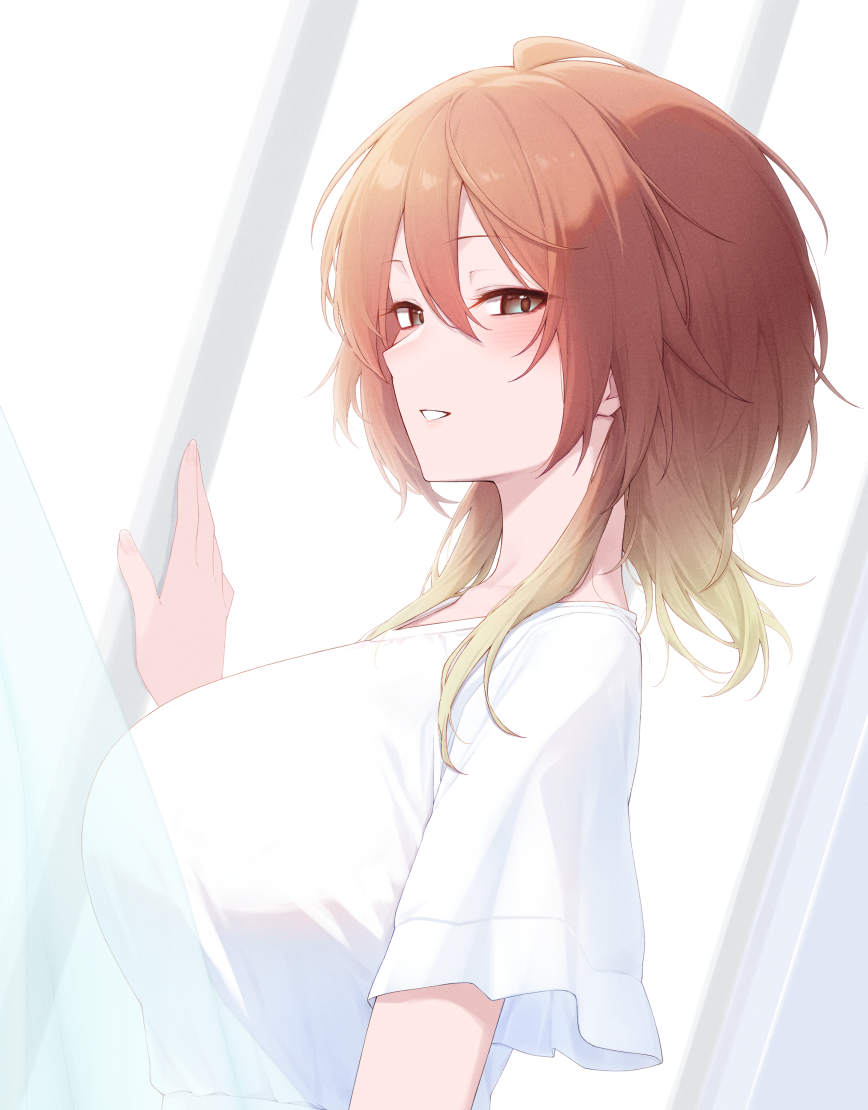 1girl, aketa_mikoto, blonde_hair, blush, breasts, brown_hair, commentary_request, curtains