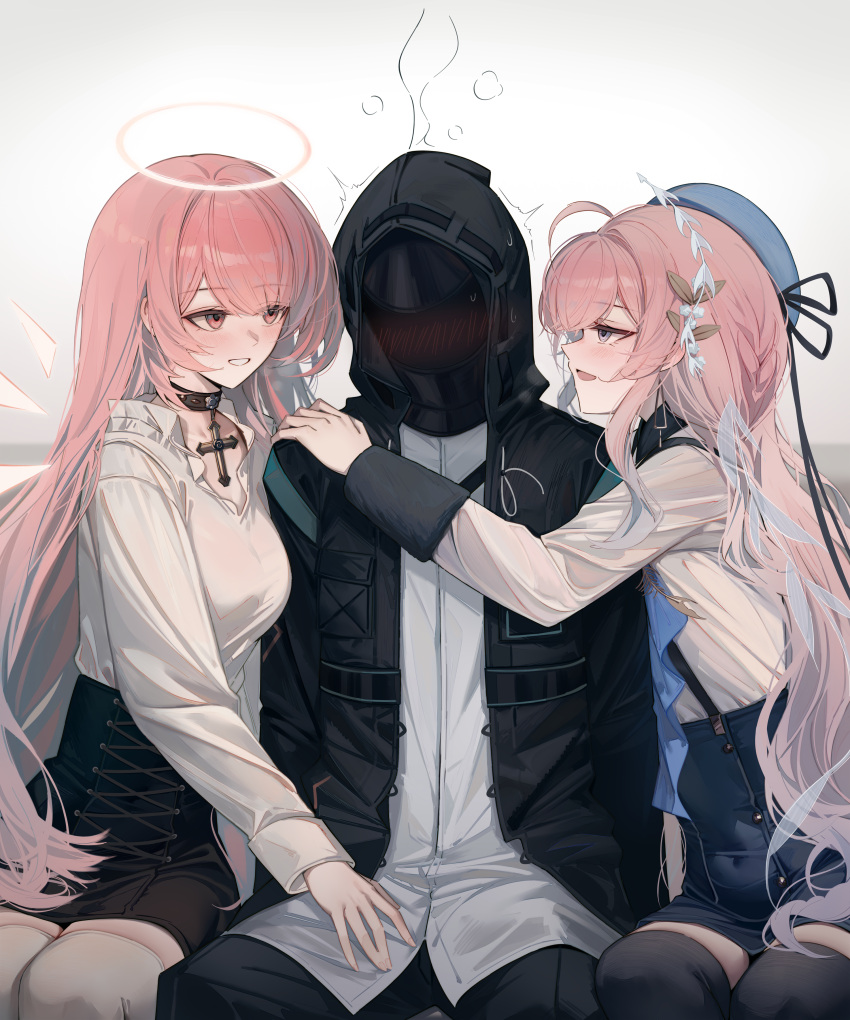 1other, 2girls, absurdres, arknights, beret, black_choker, black_jacket, black_skirt