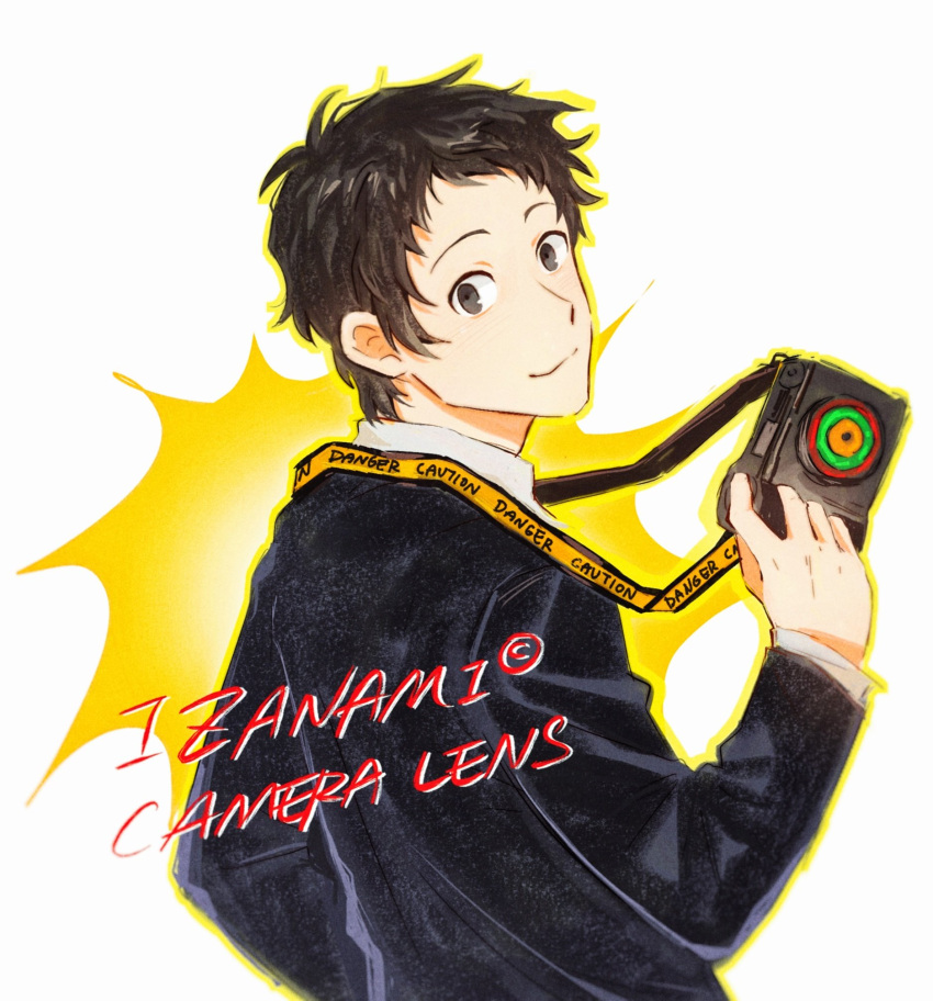 1boy, adachi_tooru, ameno_sagiri_(persona), antenna_hair, black_hair, black_jacket, camera, camera_around_neck, caution_tape, character_name, closed_mouth, copyright_logo, from_side, grey_eyes, hand_up, hashtag-only_commentary, highres, holding, holding_camera, jacket, lens_focus, long_sleeves, looking_at_viewer, looking_to_the_side, male_focus, nailtoo, outline, persona, persona_4, polaroid_camera, shirt, short_hair, simple_background, single-lens_reflex_camera, smile, solo_focus, spoilers, suit_jacket, turning_head, upper_body, white_background, white_shirt, yellow_outline