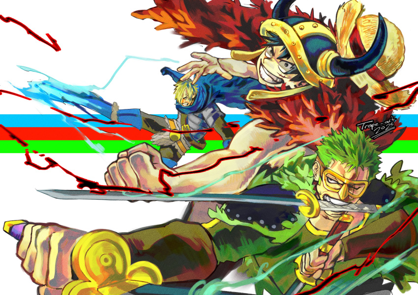 3boys, absurdres, black_hair, blonde_hair, fighting_stance, flying_kick, green_hair, highres