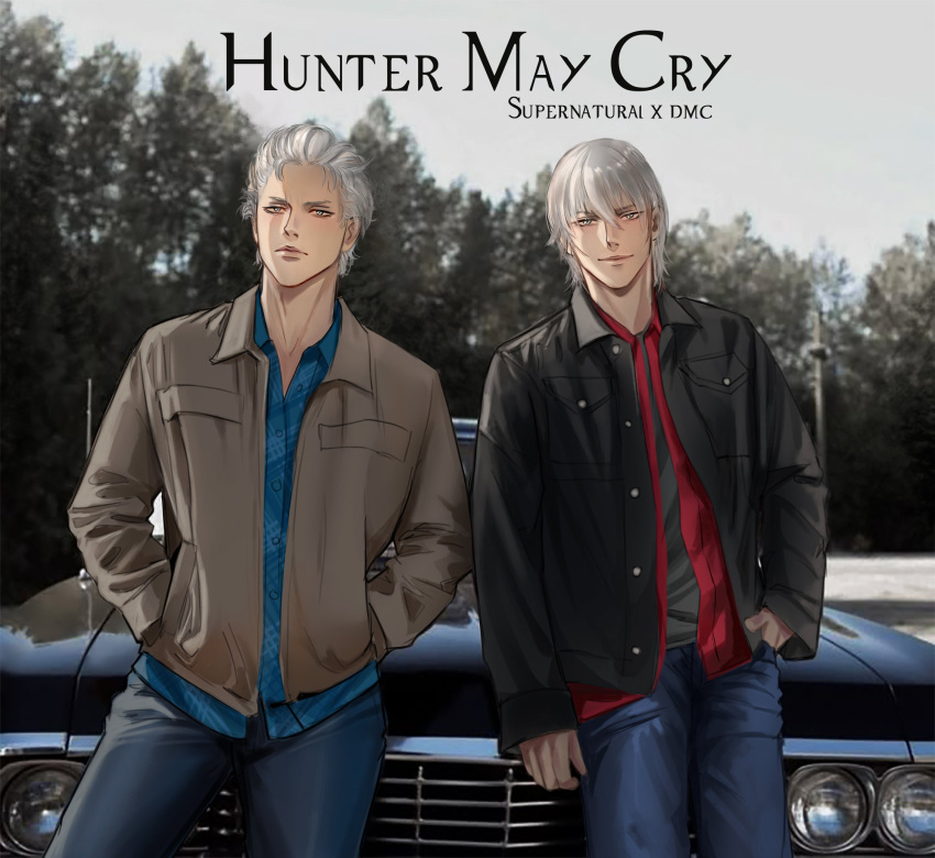 2boys, alternate_costume, black_jacket, blue_eyes, blue_pants, blue_shirt, brown_jacket, car