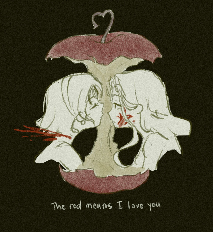 2girls, alien_stage, apple, ava_(tohrhu), bitten_apple, blood, blood_from_neck, blood_on_face, closed_eyes, commentary, earrings, english_commentary, english_text, food, food_bite, fruit, hairband, highres, jewelry, long_hair, lyrics, mizi_(alien_stage), multiple_girls, short_hair, sua_(alien_stage), yuri