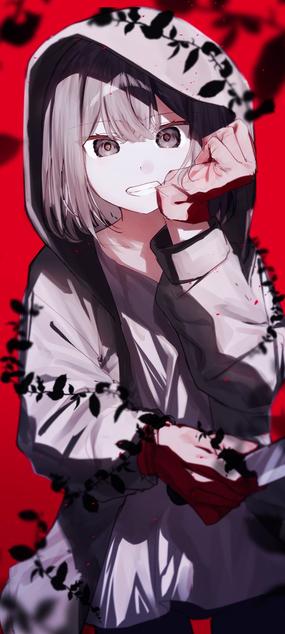 1other, :d, alternate_hair_color, alternate_universe, biting, biting_glove, black_pants, blurry, blurry_foreground, bob_cut, center-flap_bangs, chara_(undertale), collarbone, commentary_request, cowboy_shot, double-parted_bangs, gloves, grey_eyes, grey_hair, grey_jacket, grin, hair_between_eyes, hand_up, highres, holding, holding_knife, hood, hood_up, hooded_jacket, jacket, knife, kurobarashan, leaf, long_sleeves, looking_at_viewer, open_clothes, open_jacket, other_focus, pants, plant, puffy_long_sleeves, puffy_sleeves, red_background, red_gloves, shirt, short_hair, simple_background, smile, solo, standing, storyshift, tsurime, undertale, vines, white_shirt