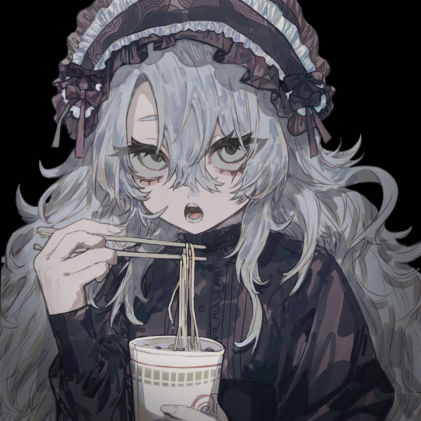 1girl, black_background, chopsticks, cup, eating, grey_eyes, grey_hair, hair_between_eyes