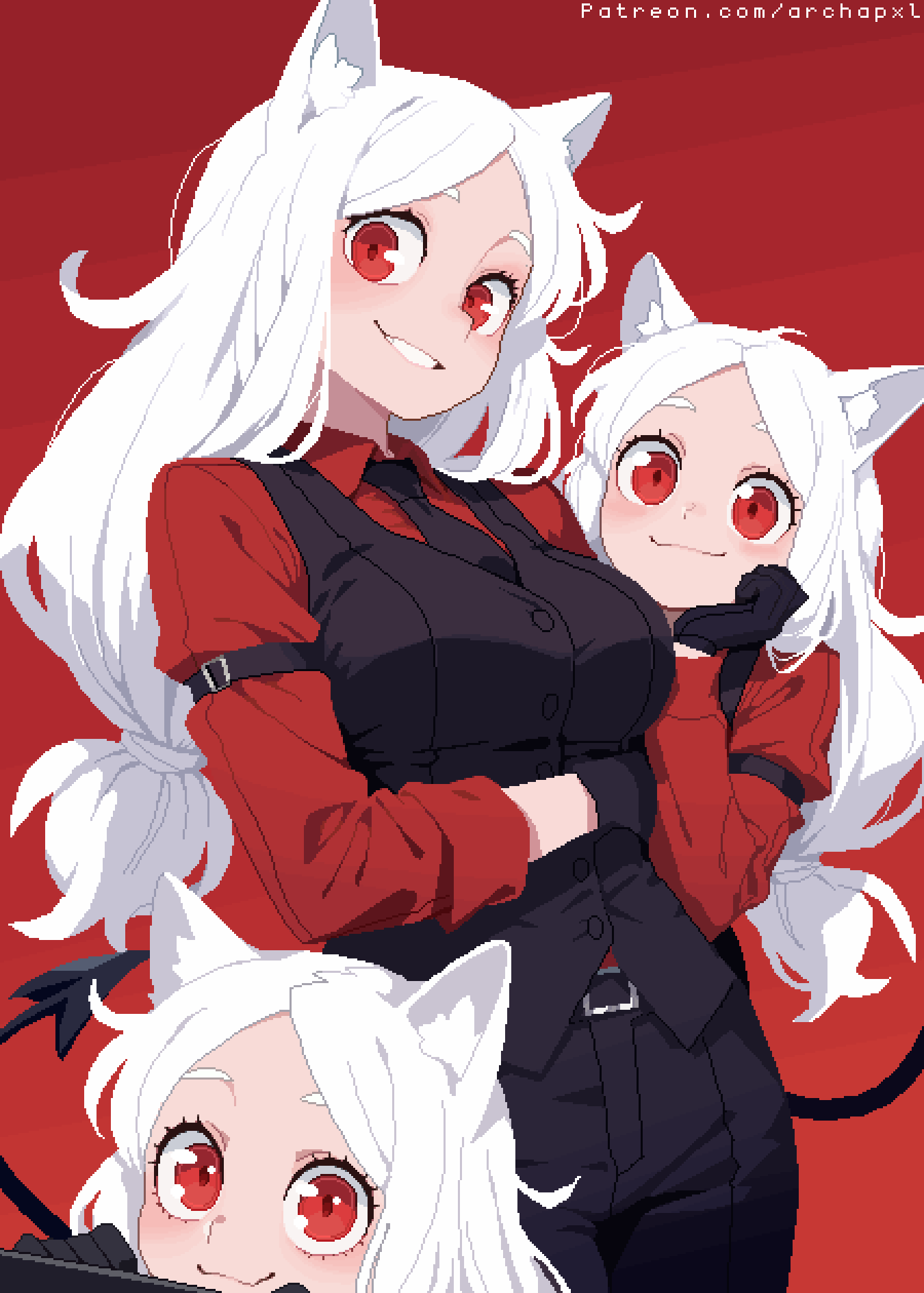 3girls, animal_ear_fluff, animal_ears, archapxl, belt, black_gloves, black_necktie, black_pants, black_suit, black_tail, black_vest, blush, breasts, buttons, cerberus_(helltaker), closed_mouth, collared_shirt, demon_girl, demon_tail, dog_ears, dog_girl, fang, gloves, hand_on_own_chin, helltaker, highres, large_breasts, long_hair, looking_at_viewer, multiple_girls, necktie, pants, patreon_username, pixel_art, ponytail, red_background, red_eyes, red_shirt, shirt, siblings, sidelocks, simple_background, sisters, sleeves_rolled_up, smile, suit, tail, triplets, vest, web_address, white_hair