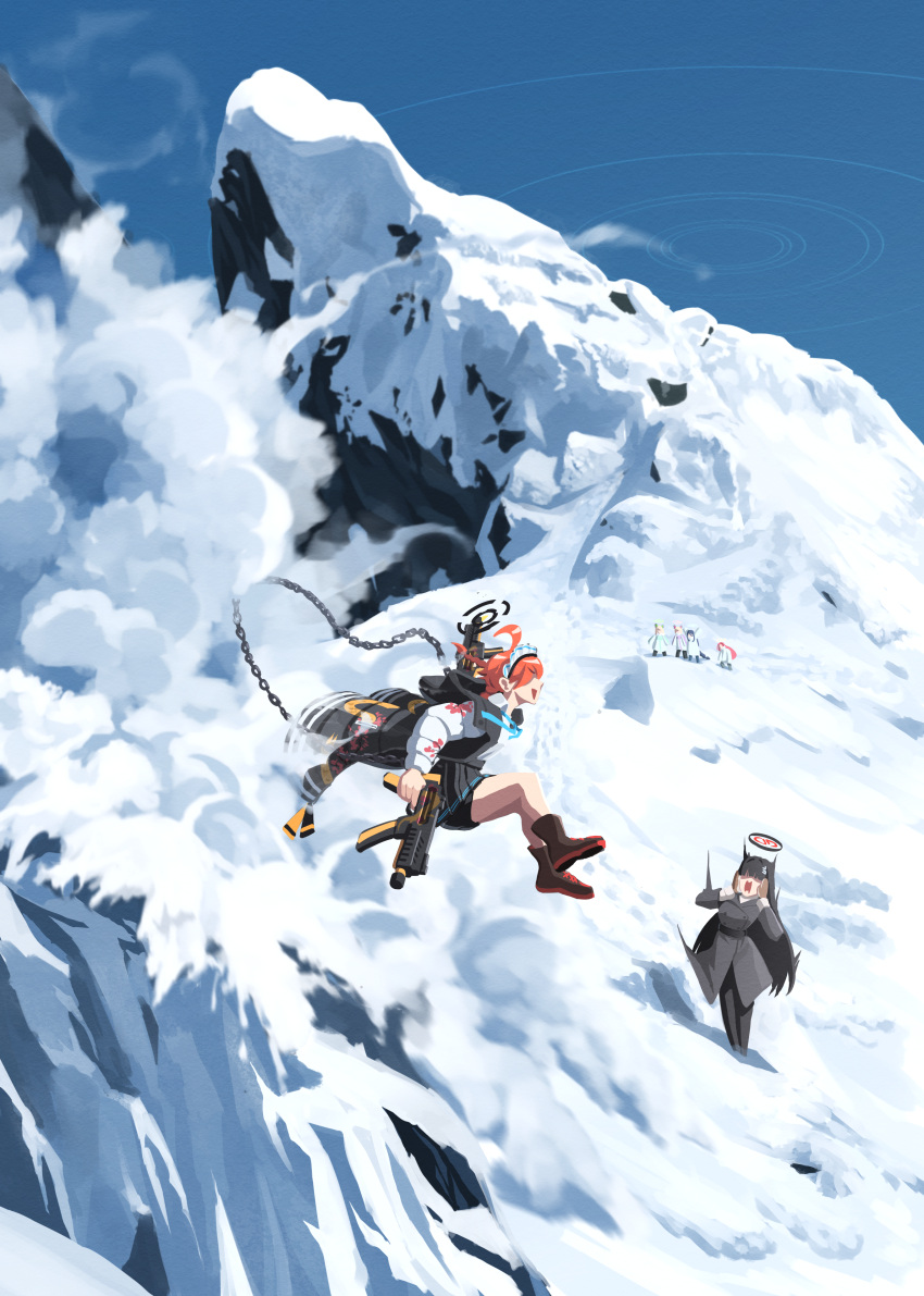 6+girls, :d, absurdres, animal_ears, aris_(blue_archive), arms_up, avalanche, black_hair, blonde_hair, blue_archive, blue_sky, boots, braid, cat_ears, coat, commentary, cyansapphire, day, earmuffs, game_development_department_(blue_archive), gun, hair_ornament, hairclip, halo, hands_on_own_cheeks, hands_on_own_face, highres, holding, holding_gun, holding_weapon, jacket, long_hair, maid_headdress, midori_(blue_archive), momoi_(blue_archive), mountain, multiple_girls, neru_(blue_archive), orange_hair, outdoors, rio_(blue_archive), scarf, sig_mpx, sig_sauer, sky, smile, snow, submachine_gun, weapon, winter_clothes, winter_coat, yuzu_(blue_archive)