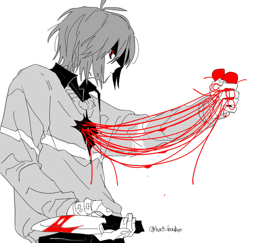 1other, blood, blood_on_knife, collared_shirt, commentary_request, deltarune, hat_babo, heart
