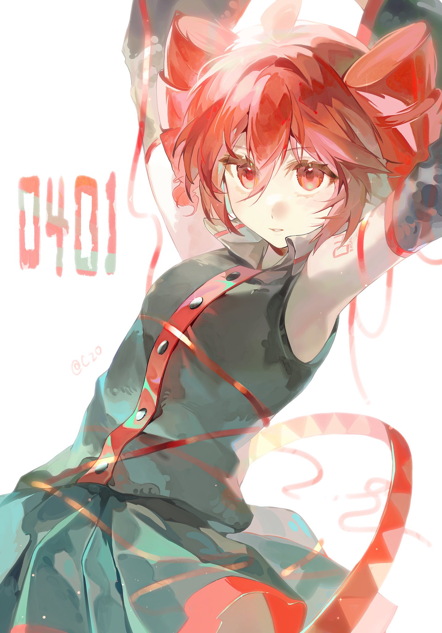 1girl, ahoge, armpits, arms_up, belt, black_skirt, black_sleeves, blush, buttons, collared_shirt, czorimu, detached_sleeves, drill_hair, hair_between_eyes, hashtag-only_commentary, highres, kasane_teto, kasane_teto_(utau), leaning_back, parted_lips, pleated_skirt, red_belt, red_eyes, red_hair, red_tattoo, shirt, shoulder_tattoo, skirt, skirt_set, sleeveless, sleeveless_shirt, solo, tattoo, twin_drills, twintails, utau, white_background, wing_collar