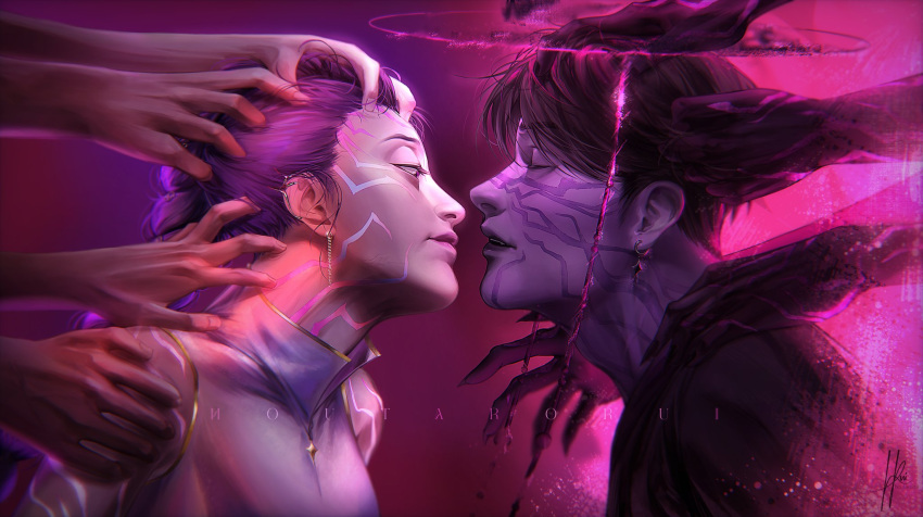 1boy, 1girl, artist_name, bare_arms, bare_shoulders, black_hair, black_hanbok, black_nails