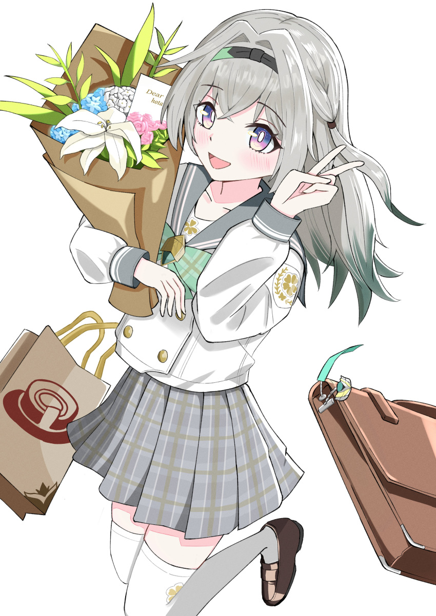 absurdres, bag, black_hairband, blush, bouquet, bow, bowtie, brown_bag, brown_shoes, character_charm, charm_(object), collared_shirt, english_text, firefly_(honkai:_star_rail), firefly_(spring_missive)_(honkai:_star_rail), flower, gradient_eyes, gradient_hair, green_bow, green_bowtie, grey_hair, grey_sailor_collar, grey_skirt, hair_between_eyes, hair_intakes, hairband, handbag, highres, holding, holding_bouquet, honkai:_star_rail, honkai_(series), kuroro_0427, loafers, long_hair, multicolored_eyes, multicolored_hair, open_mouth, plaid_bow, plaid_bowtie, plaid_clothes, pleated_skirt, sailor_collar, sam_(honkai:_star_rail), shirt, shoes, simple_background, skirt, smile, thigh-highs, two-tone_eyes, v, white_background, white_shirt, white_thighhighs