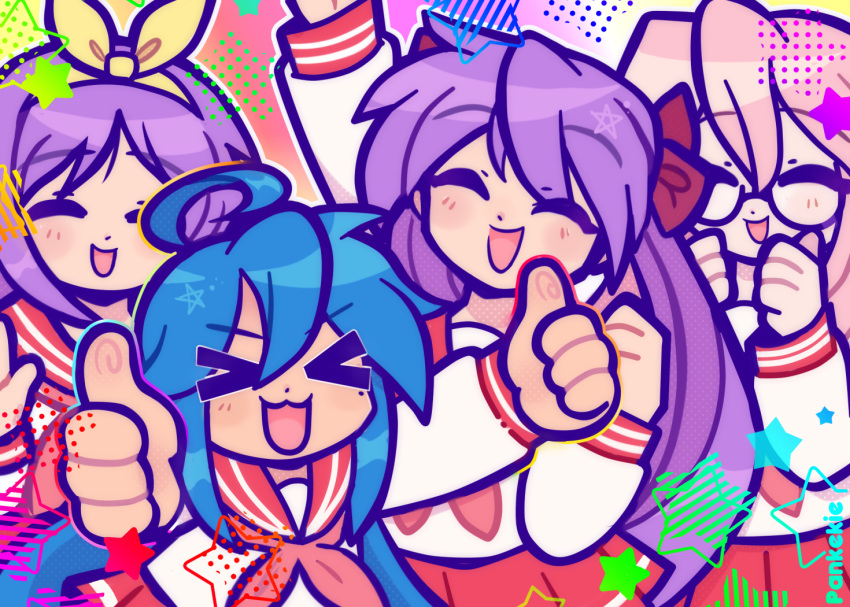 2000s_(style), 4girls, :3, artist_name, ben-day_dots, blue_hair, bow, closed_eyes, friends, glasses, hair_bow, happy, hiiragi_kagami, hiiragi_tsukasa, hue_shifting, izumi_konata, long_hair, lucky_star, mole, mole_under_eye, multiple_girls, neckerchief, pankekie, pink_hair, pink_neckerchief, pleated_skirt, purple_hair, red_sailor_collar, red_skirt, red_sleeve_cuffs, ribbon, ryouou_school_uniform, sailor_collar, school_uniform, screentones, short_hair, siblings, sisters, skirt, star_(symbol), takara_miyuki, thumbs_up, twins, twintails, yellow_ribbon