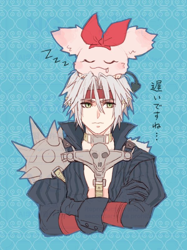 1boy, armor, blue_gloves, blue_outline, blue_shirt, bow, chest_strap, closed_eyes