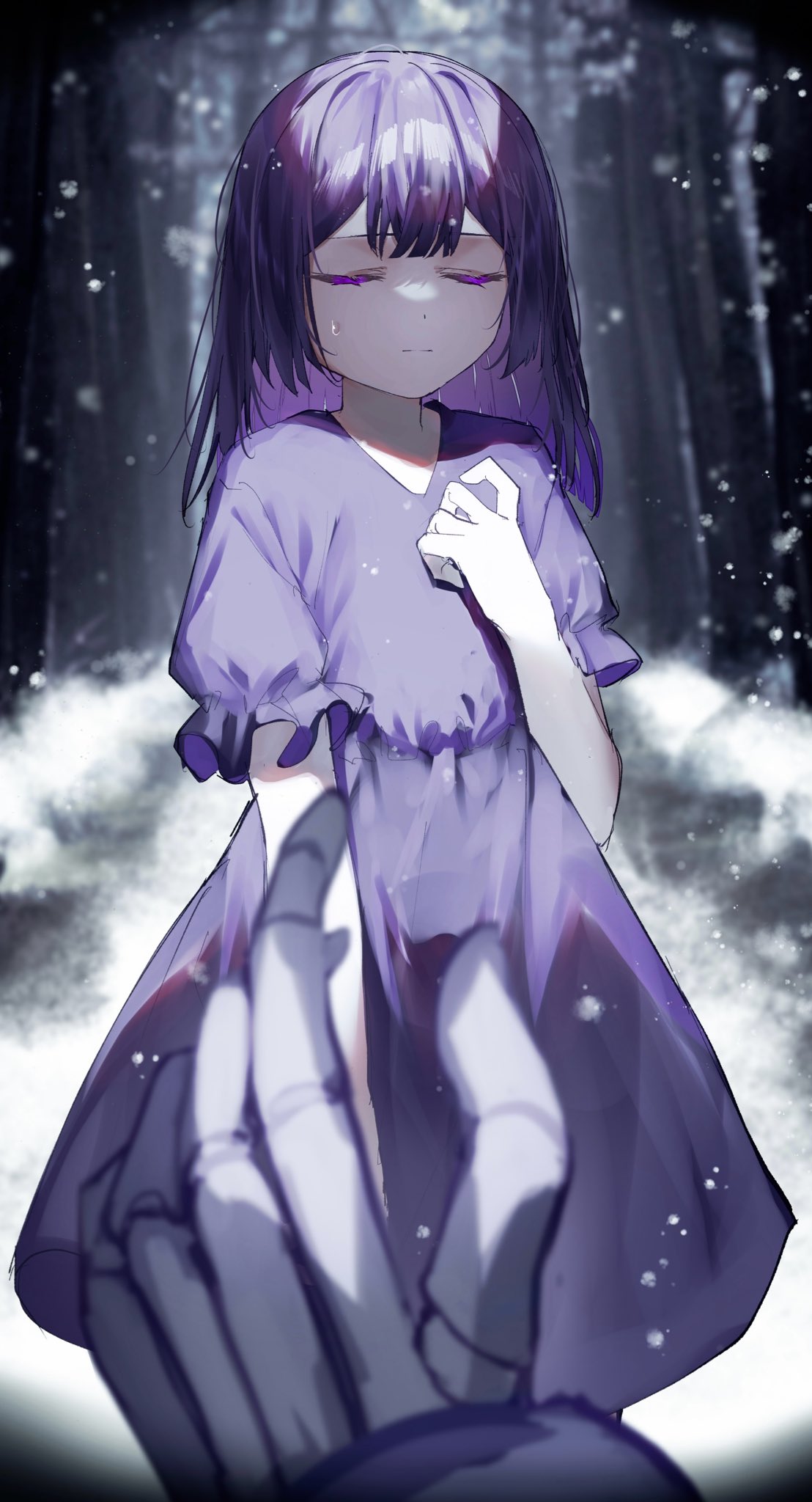 1boy, 1girl, aliza_(horrortale), alternate_universe, blurry, blurry_foreground, center-flap_bangs, closed_eyes