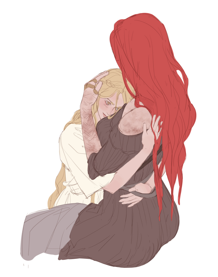 1boy, 1girl, absurdres, androgynous, blonde_hair, brother_and_sister, brown_dress, cropped_legs