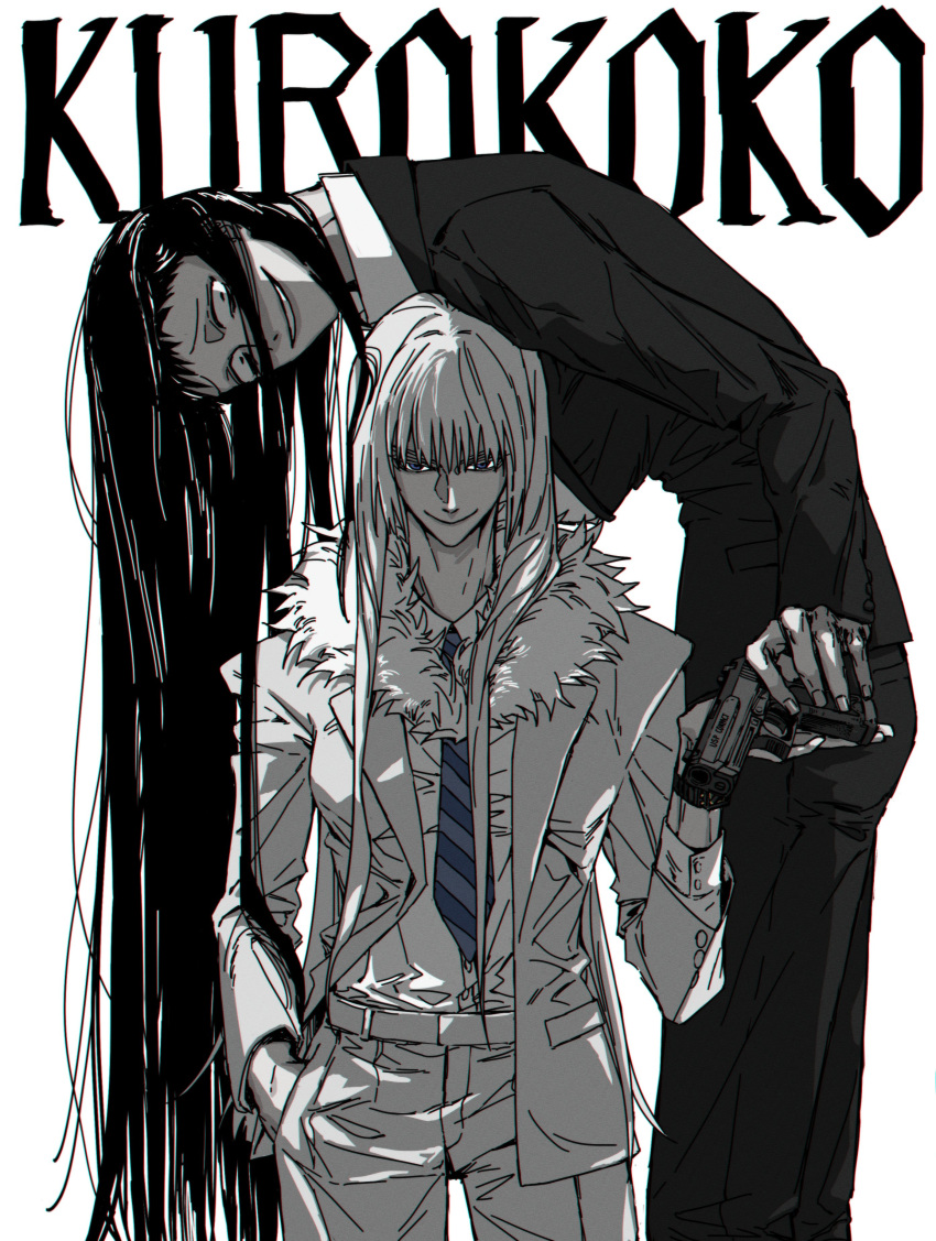 2girls, absurdres, black_hair, black_suit, crossover, grin, gun, hand_in_pocket