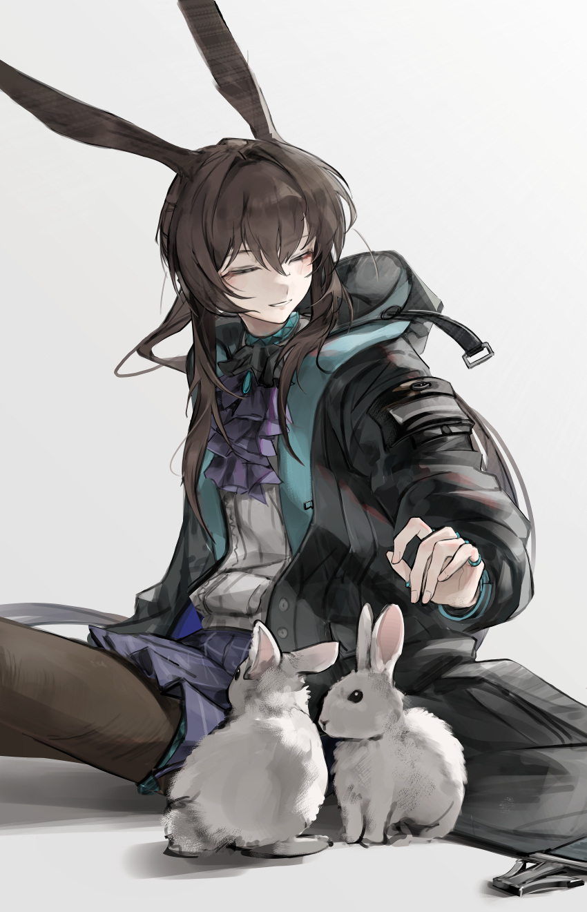 1girl, absurdres, amiya_(arknights), animal, animal_ears, arknights, ascot, black_coat
