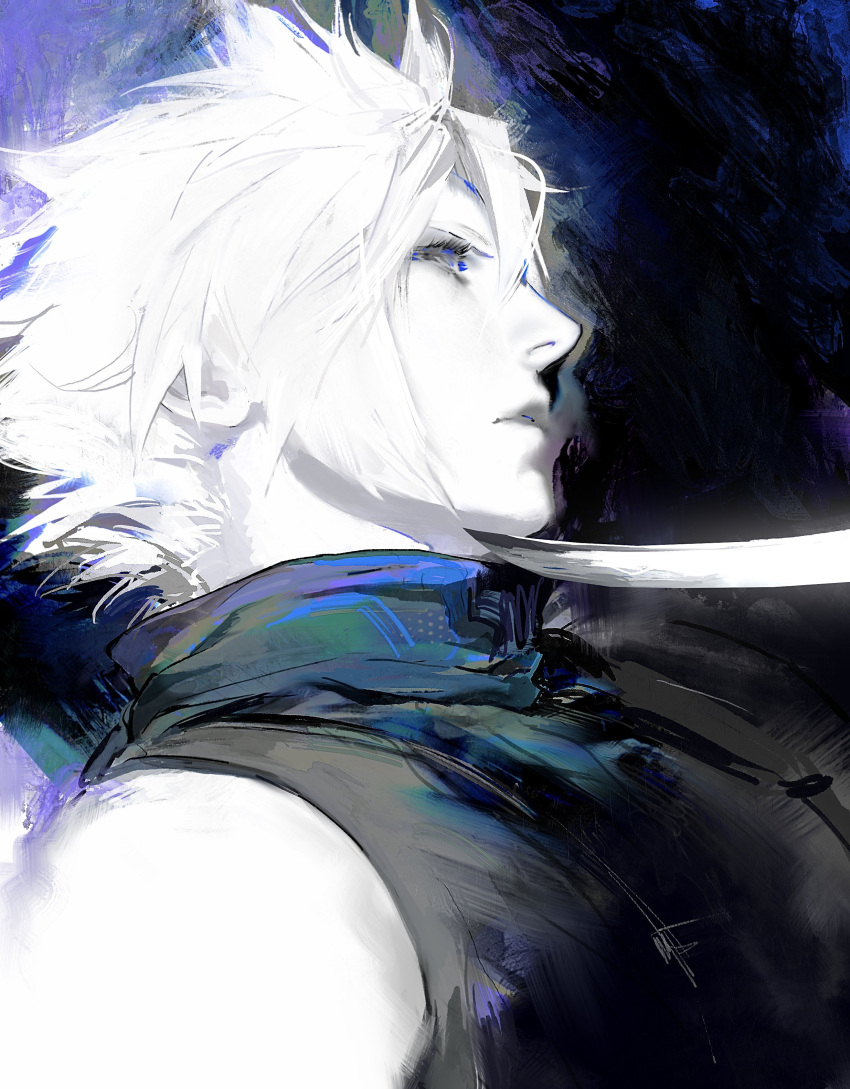 1boy, absurdres, blade_to_throat, blue_background, blue_theme, cloud_strife, commentary, english_commentary
