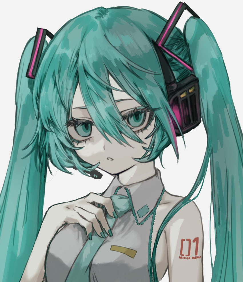 1girl, aqua_eyes, aqua_hair, bare_shoulders, collared_shirt, grey_shirt, hair_between_eyes, hair_ornament